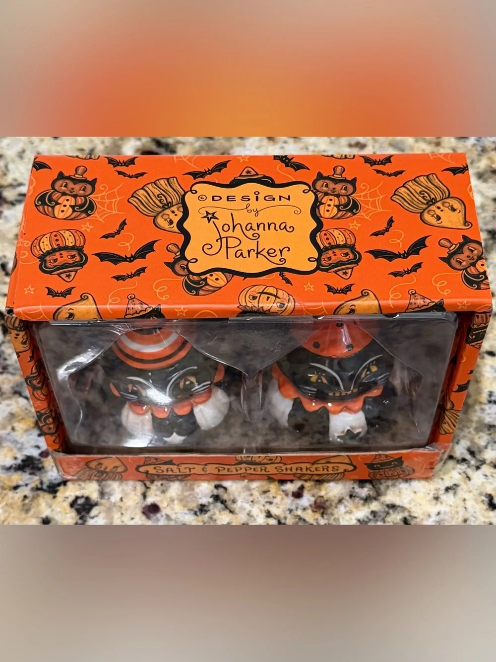 NIB Johanna Parker Halloween Black Cat Salt & Pepper Shaker Set Transpac